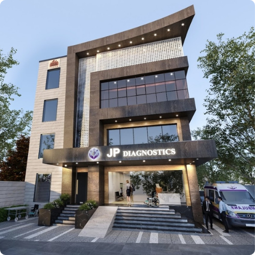 Diagnostic centre building of JP Diagnostics in Mathura offering CT scan, ultrasound and X-ray